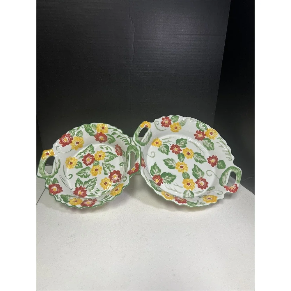 Set Of 2 TEMP-TATIONS By Tara Casserole Baking Dishes Red Yellow Floral